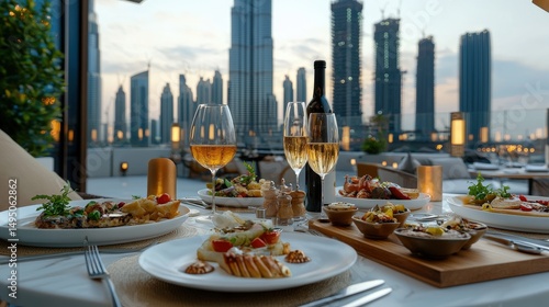 Elevated dining experience in a luxurious rooftop restaurant featu gourmet meals and elegant wine with a stunning cityscape backdrop at twilight in Dubai.