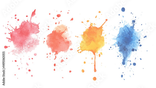 Three watercolor spots with colorful drops and spray on a white background. Colorful watercolor brush strokes vector. set of paint splatter illustration.