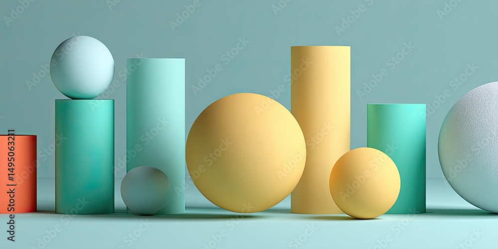 Fototapeta premium Colorful geometric shapes including spheres and cylinders in pastel hues arranged artistically on a soft background, showcasing modern design and visual harmony with copy space