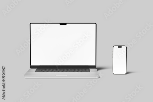 Laptop Computer and Mobile Phone Mockup. Digital devices screen template vector illustration with transparent background.
