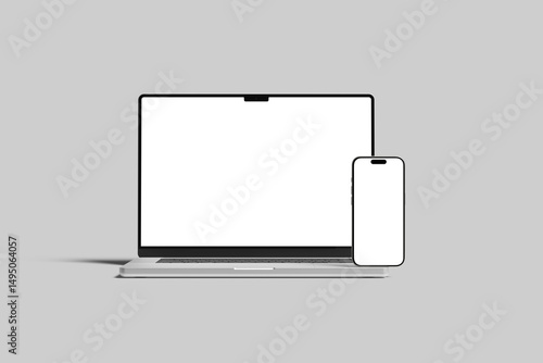 Laptop Computer and Mobile Phone Mockup. Digital devices screen template vector illustration with transparent background.