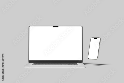 Laptop Computer and Mobile Phone Mockup. Digital devices screen template vector illustration with transparent background.