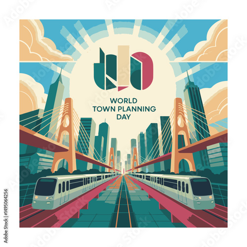 Urban metro train moving between bridge with tall building commemorates town planning day