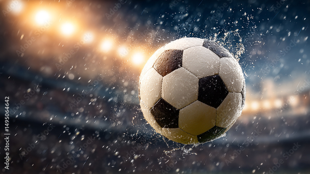 Naklejka premium Dynamic Soccer Ball Action in Stadium Lights Splashing Water Drops Capturing the Intensity of the Game