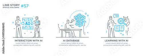Set of illustrations concept with businessmen. technology, partnership, artificial intelligence business robot, cybes. linear illustration Icons infographics. Landing page site print poster. Line