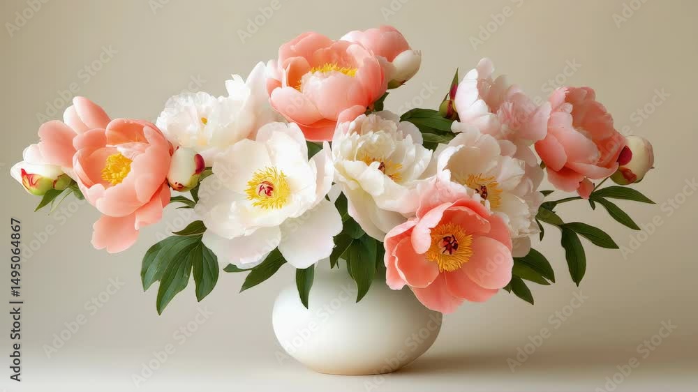 Beautiful bouquet of fresh peonies in a white vase on a neutral background Beautiful bouquet of fresh peonies in a white vase on a neutral background