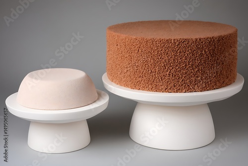 Abstract cakes on white presentation stands
