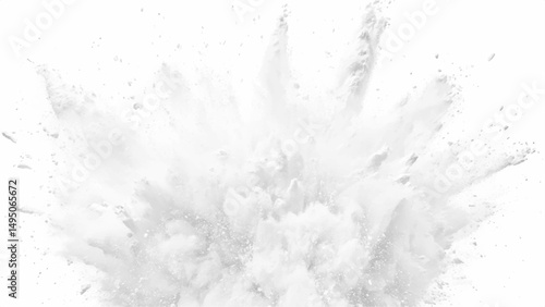 White powder explosion, isolated on white background. Bright white paint color powder explosion. Abstract gray and white explosion powder background texture.
