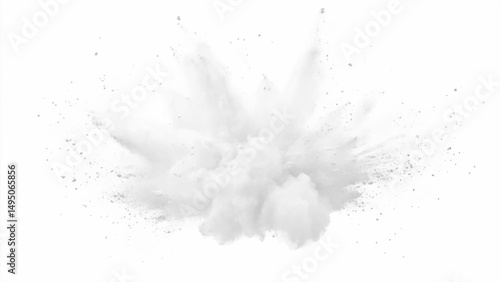Bright white paint color powder explosion. Gray powder explosion with dark colors isolated white background.