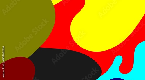 A bright and inviting abstract illustration is revealed, composed of interlocking, rounded forms in cheerful yellow, vibrant red, deep blue, and black, creating an playful and optimistic visual.