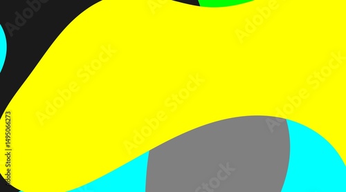 An energetic abstract design showcases bold, irregular shapes in bright yellow, deep blue, and contrasting gray, interacting dynamically to form a compelling visual rhythm.