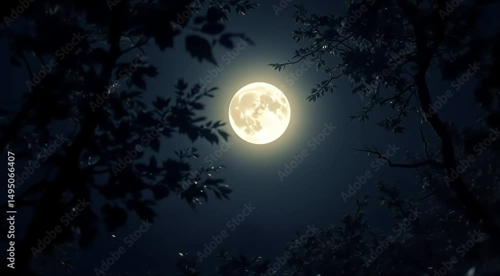 A breathtaking view of a full moon, bathed in soft light, emerging from behind dark silhouettes of trees on a clear night sky. A breathtaking view of a full moon, bathed in soft light, emerging from behind dark silhouettes of trees on a clear night sky.