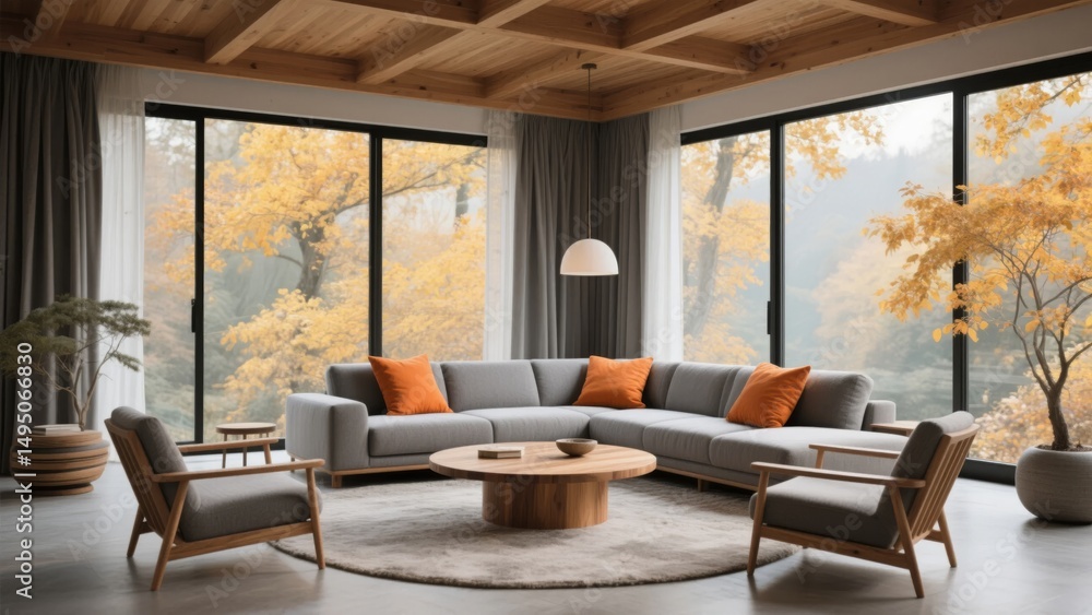 Naklejka premium Modern Living Room with Autumn View