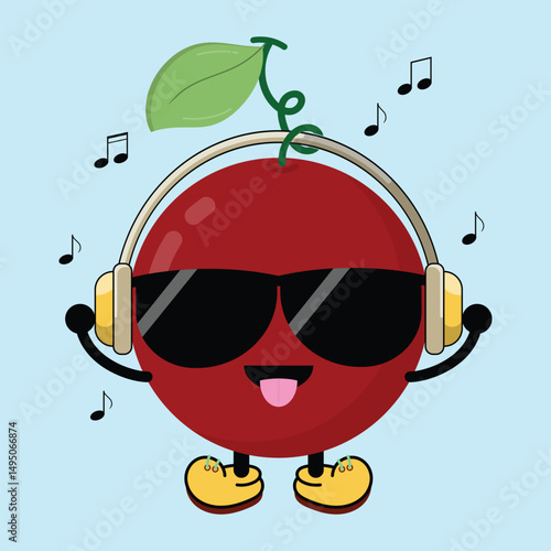 Cute And Sweet Cherry Berries Cartoon Listening Music Happily Clipart Illustration