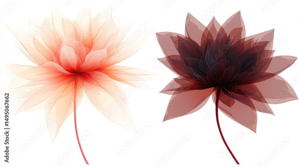 Obraz premium Two abstract floral designs in peach and maroon tones.