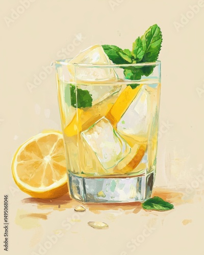 Refreshing Lemon Drink with Ice and Mint – Summer Beverage Illustration. Healthy lifestyle, summer drinks, wellness, hydration, menu design, food illustration, web design, advertising

