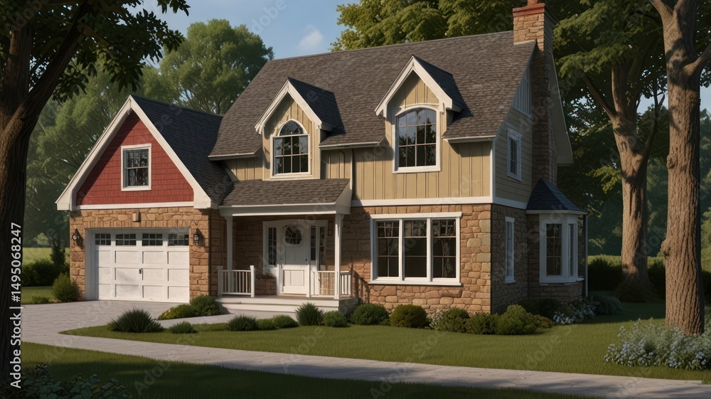 Two-story home with garage, charming exterior Two-story home with garage, charming exterior