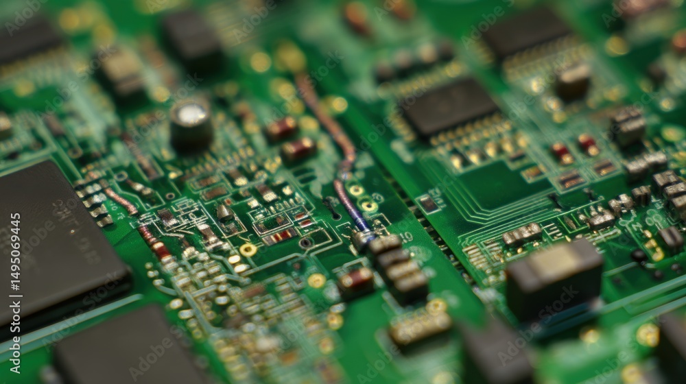 A detailed full-focus macro view of a machine control PCB, deep olive green board, high-density soldered tiny transistors, diodes, microcontrollers, and capacitors, precise copper routes, no depth of A detailed full-focus macro view of a machine control PCB, deep olive green board, high-density soldered tiny transistors, diodes, microcontrollers, and capacitors, precise copper routes, no depth of