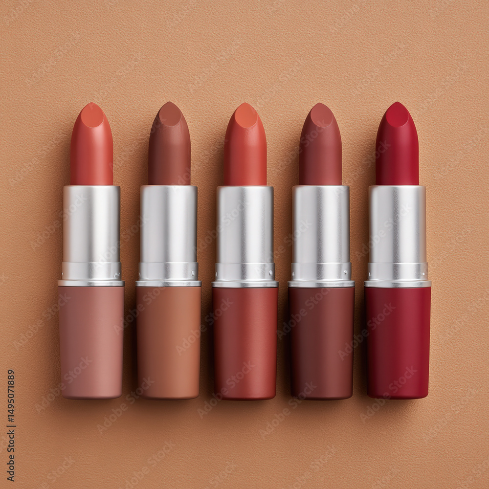 Obraz premium Luxurious lipstick set featuring autumn colors in shades of terracotta, dusty rose, and deep red. Perfect for enhancing beauty and adding touch of elegance to any look