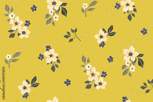 Seamless floral pattern, liberty ditsy print in vintage motif. Elegant botanical design of small hand drawn plants, simple white flowers, leaves, tiny bouquets abstract on yellow. Vector illustration.