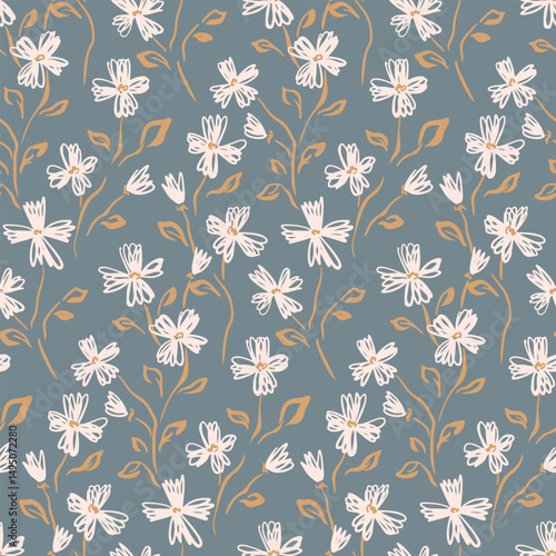 Seamless floral pattern, liberty ditsy print with small sketch plants in vintage style. Elegant botanical design of tiny hand drawn flowers, leaves abstractly on dark background. Vector illustration.