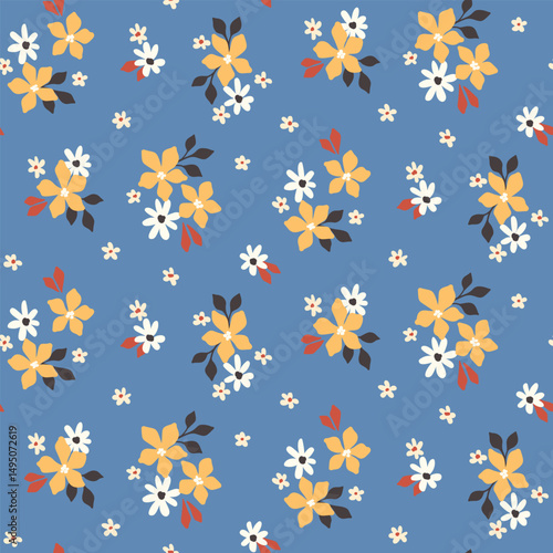 Seamless floral pattern, liberty ditsy print with simple hand drawn plants. Pretty botanical design of small cute flowers, tiny leaves, bouquets on blue background. Vector illustration.