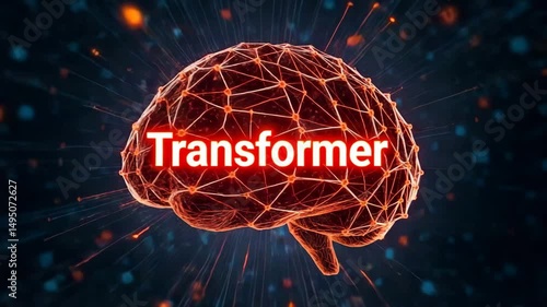 Transformer neural network architecture visualized on glowing brain, representing foundation of modern AI
