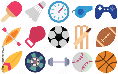 Sports accessories Icons Set – Football, Referee, Stadium, Goal, Fans, Team – Vector Illustration