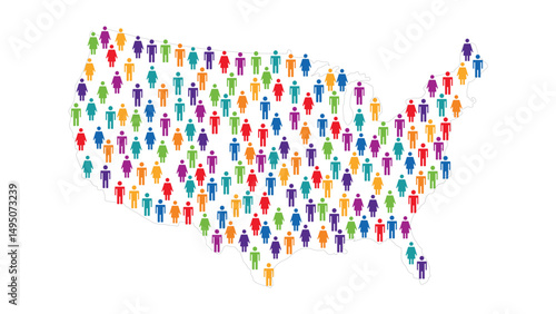 Colorful human icons form the shape of Usa map