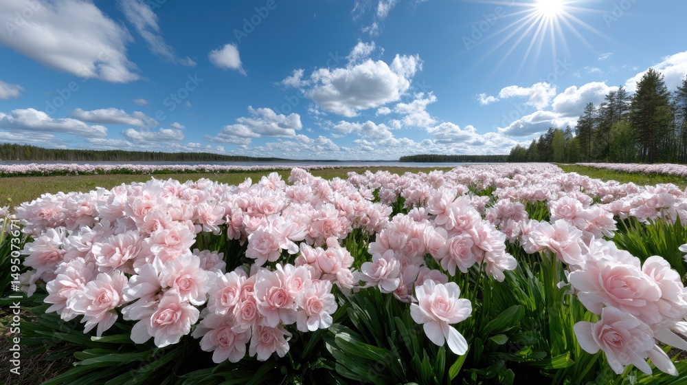 Obraz premium Pink ranunculus flowers flourish in a field beneath a stunning blue sky, illuminated by rays of sunlight breaking through clouds