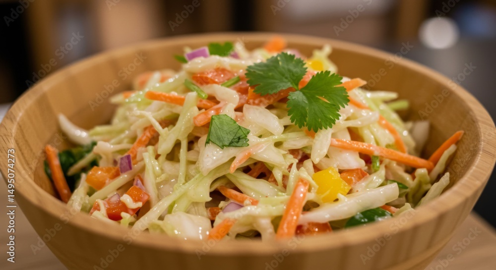 Creamy Coleslaw in Wooden Bowl Creamy Coleslaw in Wooden Bowl