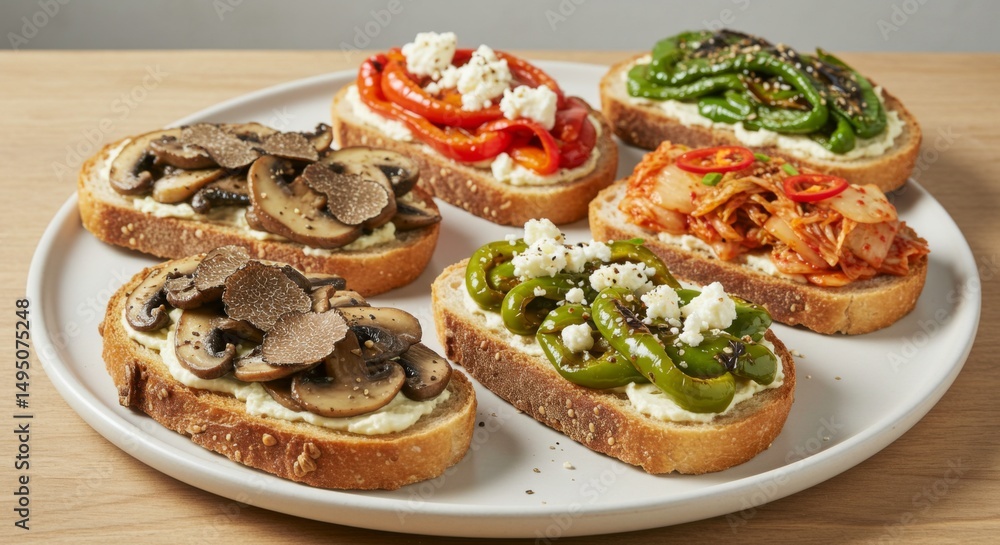 Fototapeta premium Assorted Toasts with Mushrooms Peppers Kimchi and Cheese
