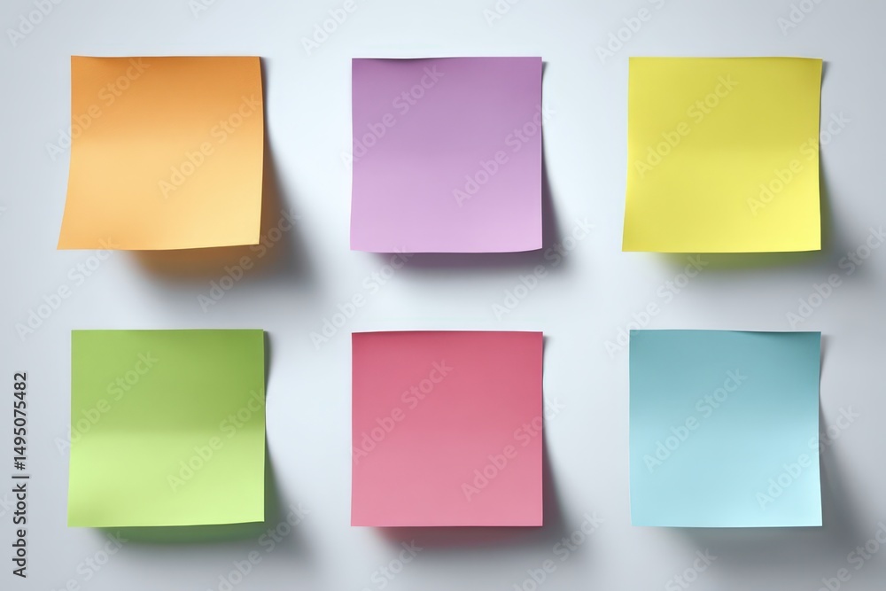 Six colorful blank sticky notes on white background. Perfect for presentations, websites, and social media. Ideal for adding messages, reminders, or memos. Six colorful blank sticky notes on white background. Perfect for presentations, websites, and social media. Ideal for adding messages, reminders, or memos.
