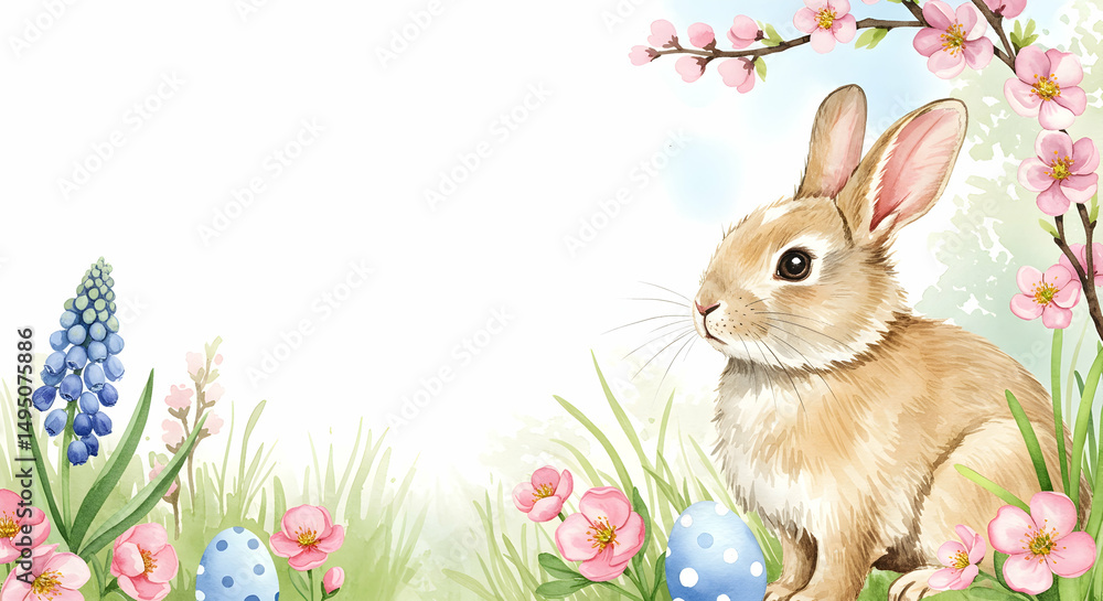 Obraz premium Cute Rabbit Surrounded by Flowers and Easter Eggs for Spring Design