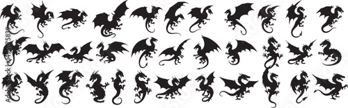 Dragon silhouettes vector collection flying dragons tattoo designs mythical creatures fantasy art black and white set