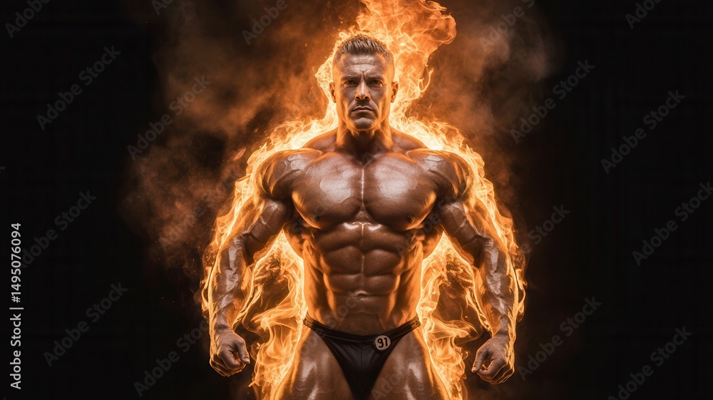 Fototapeta premium Bodybuilder Man on Fire Isolated on Black Background, Muscular Male Figure Engulfed in Flames, Intense Strength and Power Concept, Fiery Athletic Silhouette