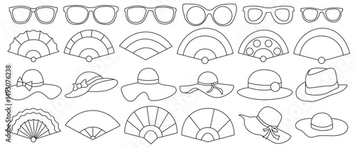 Women’s Summer Clothing & Accessories line art vector – Dresses, Bags, Hats, Sunglasses, Skirts & Vacation Outfits Vector