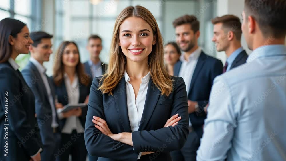 Confident businesswoman standing in front of corporate team, representing leadership, teamwork and successful business environment Confident businesswoman standing in front of corporate team, representing leadership, teamwork and successful business environment