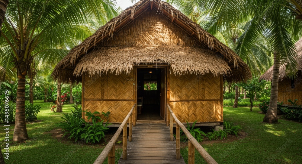 Tropical Thatched Bamboo Hut in Lush Green Landscape Tropical Thatched Bamboo Hut in Lush Green Landscape