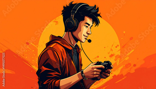 Gamer Young Man Playing Video Games -  Digital art illustrations