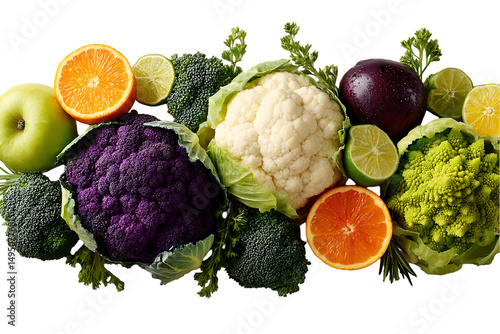 Vibrant top-down view showcasing a medley of fruits and vegetables, including citrus fruits, apples, caulifower, and broccoli, creating a colorful and healthy food arrangement. Isolated on Transparent