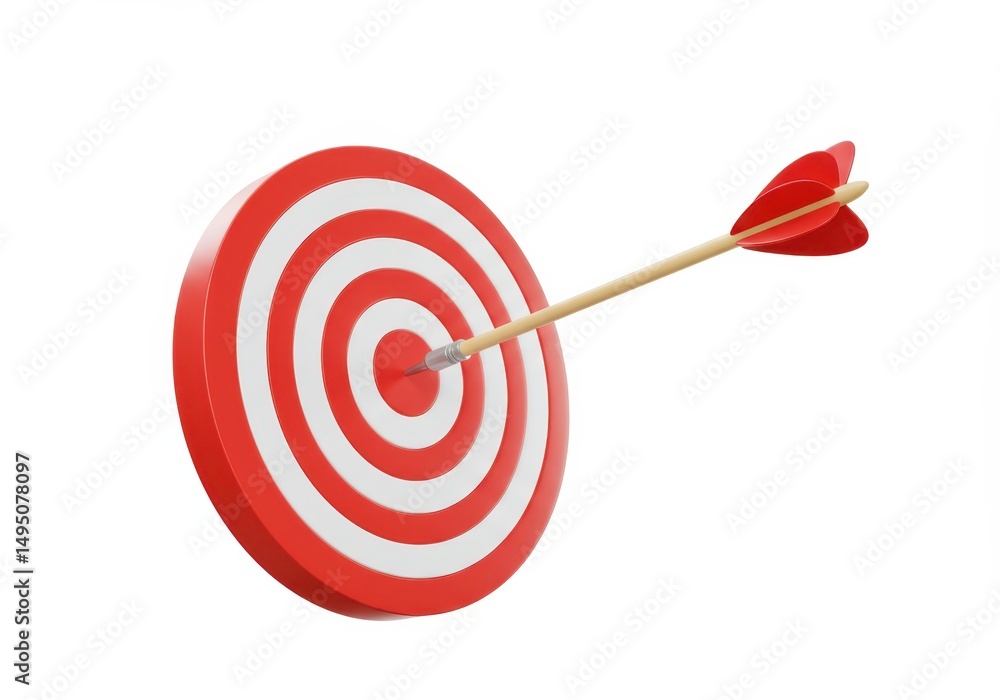3D Illustration of Red and white target with arrow hitting the bullseye isolated on white background 3D Illustration of Red and white target with arrow hitting the bullseye isolated on white background