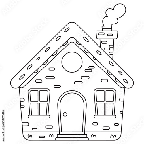 Cute Groovy Summer Line Art Illustration of a Whimsical Gingerbread Cottage House with Chimney and Rounded Windows
