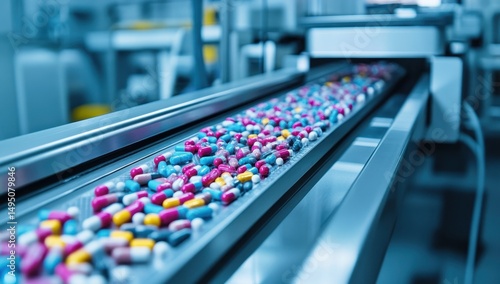 Colorful pills on a factory conveyor belt