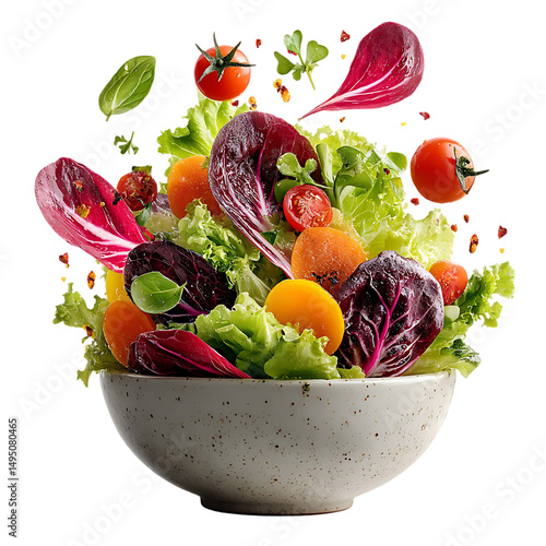 Large bowl of colorful vegetables and greens, forming a vibrant salad mix.  Isolated on Transparent Background PNG