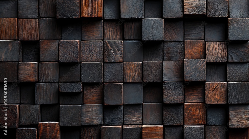 Textured wall made of dark wooden cubes arranged in a geometric pattern, creating a modern and sophisticated look Textured wall made of dark wooden cubes arranged in a geometric pattern, creating a modern and sophisticated look