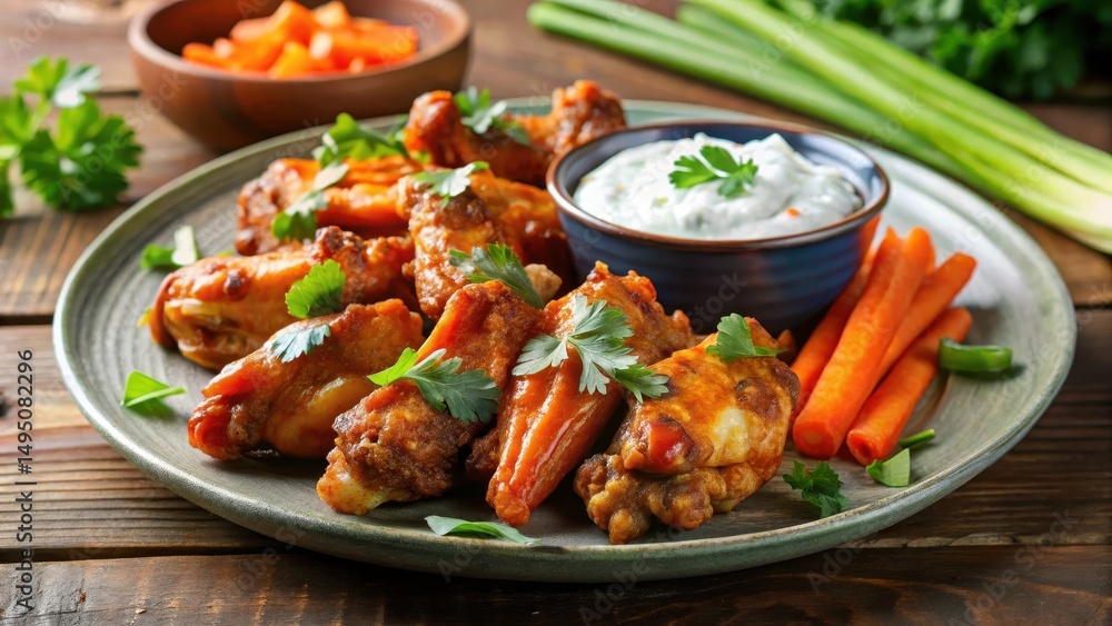 Fototapeta premium A plate of roasted chicken wings smothered in spicy buffalo sauce, garnished with chopped fresh cilantro and a side of blue cheese dressing and carrot sticks , snack, appetizer