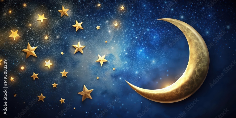 Naklejka premium A serene night sky with a golden crescent moon and twinkling stars against a dark blue background , astronomy, starry night