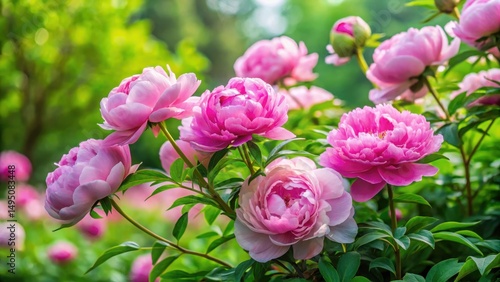 Fototapeta Naklejka Na Ścianę i Meble -  Delicate pink peony blooms unfold in a lush climbing rose bush amidst vibrant greenery in a serene botanical garden setting , floral arrangement, horticulture