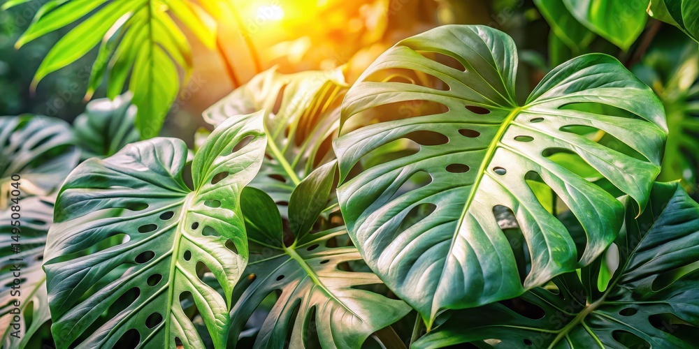 Obraz premium Monstera albo borsigiana plant with large holes in leaves, Tropical, Variegated Monstera, Tropical, Variegated Monstera